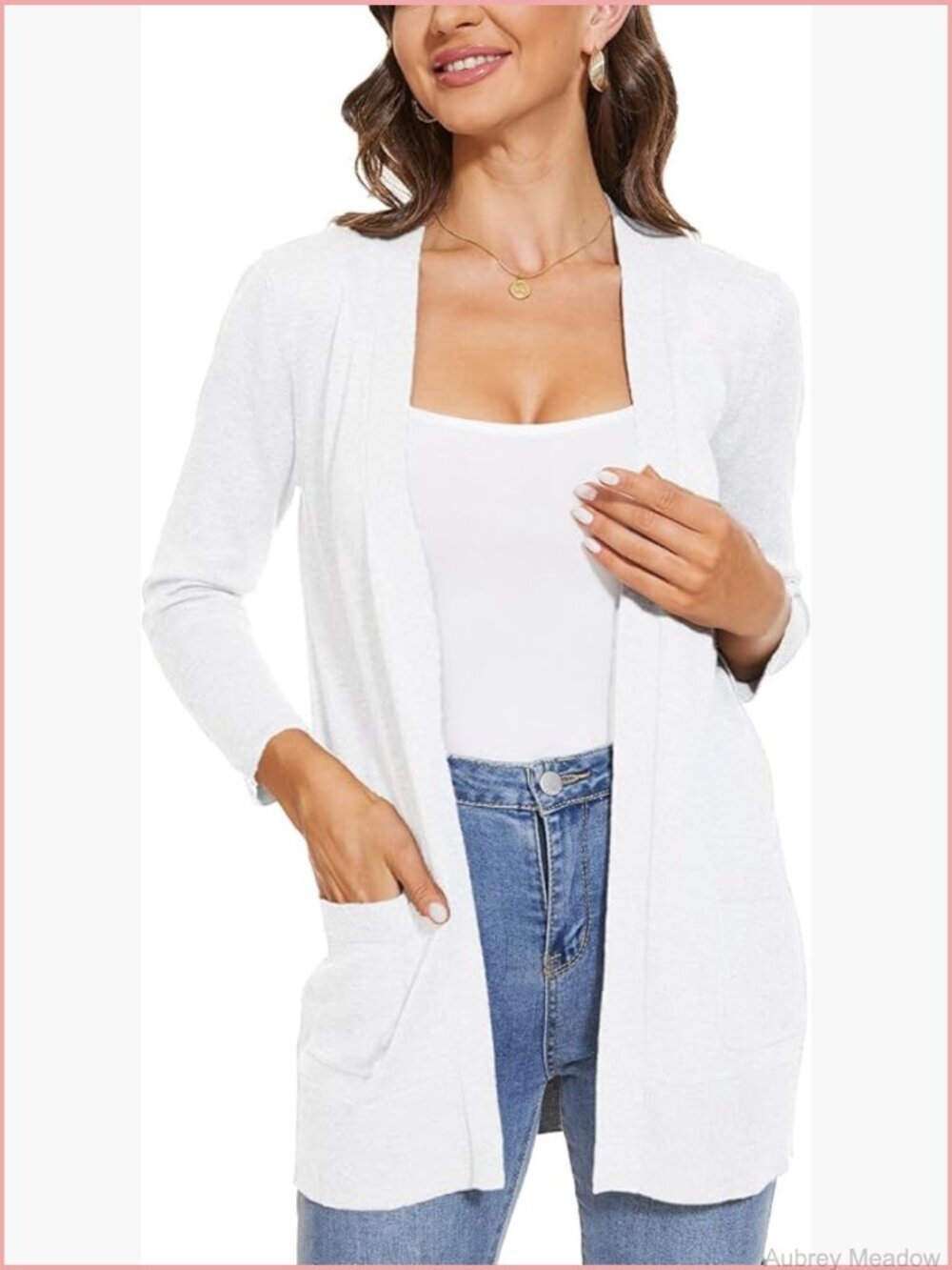 Women's 3/4 Sleeve Cardigan Sweater Open Front Knit with Pockets Rib Hem Casual